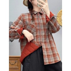 批发长袖夹棉加厚格子冬季衬衫新款宽松显瘦复古休闲上衣文艺双层衬衣