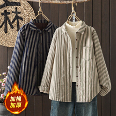 批发夹棉衬衫长袖休闲宽松条纹文艺韩版纯棉2025秋冬新款保暖<b class='q'>棉衣</b>外套