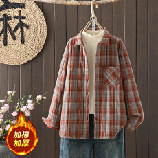 批发长袖夹棉加厚格子冬季衬衫新款宽松显瘦复古休闲上衣文艺双层衬衣