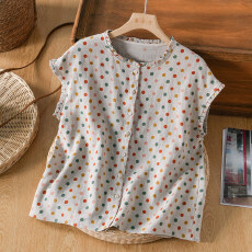 批发棉麻彩色<b class='q'>波点</b>小个子短款木耳边<b class='q'>衬衫</b>气质单排扣短袖<b class='q'>衬衣</b>薄款上衣女