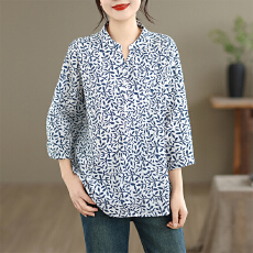 批发实拍连理枝印花<b class='q'>衬衫</b>女七分袖2026春蓝色v领纯棉上衣气质清新<b class='q'>衬衣</b>