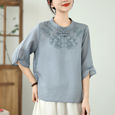 批发实拍春夏新款七分袖棉麻T恤衫<b class='q'>森女</b>系减龄纯色刺绣盘扣轻薄女上衣