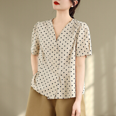批发实拍夏季<b class='q'>波点</b>小衫捏褶收腰显瘦V领气质短袖开衫韩系斜扣洋气<b class='q'>衬衫</b>