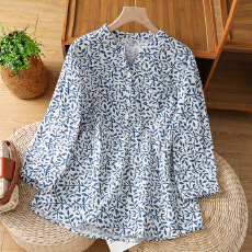 批发实拍连理枝印花<b class='q'>衬衫</b>女七分袖2026春蓝色v领纯棉上衣气质清新<b class='q'>衬衣</b>