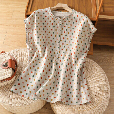 批发实拍棉麻<b class='q'>波点</b>小个子短款木耳边<b class='q'>衬衫</b>气质单排扣短袖<b class='q'>衬衣</b>薄款上衣