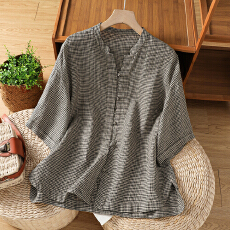 批发实拍棉麻<b class='q'>格子</b>七分袖<b class='q'>衬衫女</b>文艺复古上衣2026春夏百搭<b class='q'>衬衫女</b>