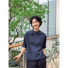 批发复古格子七分袖宽松<b class='q'>立领</b>2026年夏季新款时尚简约上衣<b class='q'>衬衫女</b>