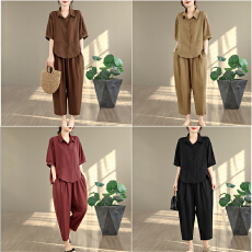 批发实拍2026夏季新款宽松大码休闲上衣加松紧腰<b class='q'>哈伦裤</b>两件<b class='q'>套装</b>