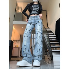 批发美式复古做旧嘻哈街头破洞牛仔<b class='q'>裤</b>宽松阔腿直筒长<b class='q'>裤</b>