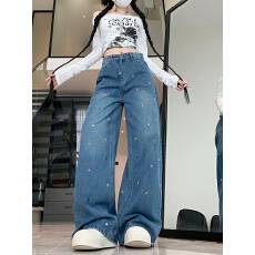 批发刺绣花朵直筒牛仔<b class='q'>裤</b>女新款高腰宽松阔腿拖地长<b class='q'>裤</b>