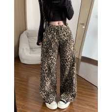 豹纹休闲裤女四季美式复古设计感宽松直筒休闲阔腿长裤子