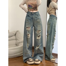 批发水洗做旧破洞直筒牛仔裤女设计感<b class='q'>秋</b>季宽松显瘦阔腿长裤子