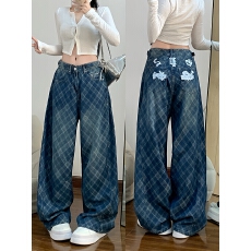 批发美式复古格纹弯刀牛仔裤<b class='q'>秋</b>冬新款设计感宽松直筒拖地裤