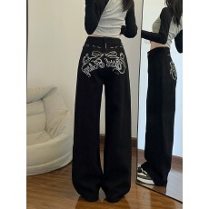 批发亮钻猫咪阔腿牛仔裤女松弛慵懒高腰显瘦慵懒长裤