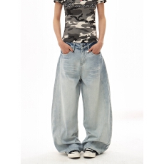 批发水洗弯刀牛仔裤男女微喇<b class='q'>哈伦</b>设计感vintage宽松休闲阔腿镰刀裤子