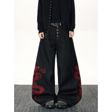批发重工立体红龙刺绣黑色排扣<b class='q'>牛仔裤</b>男女街头美式复古宽松阔腿裤子潮