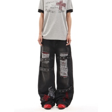 批发美式复古水洗做旧破洞牛仔裤女亚文化朋克穿搭阔腿休闲长裤子y2k