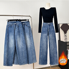 批发高端蓝色加绒加厚牛仔裤女2025年<b class='q'>春</b>秋冬季新款高腰窄版直筒弯刀裤