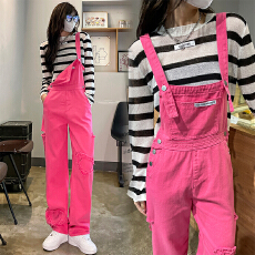 批发美式复古牛仔背带裤<b class='q'>女</b>秋季ins新款韩系宽松减龄小个子阔腿<b class='q'>连体裤</b>