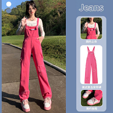 批发玫红色牛仔<b class='q'>背带裤</b><b class='q'>女</b>新款ins小个子学院风高街宽松直筒阔腿吊带裤