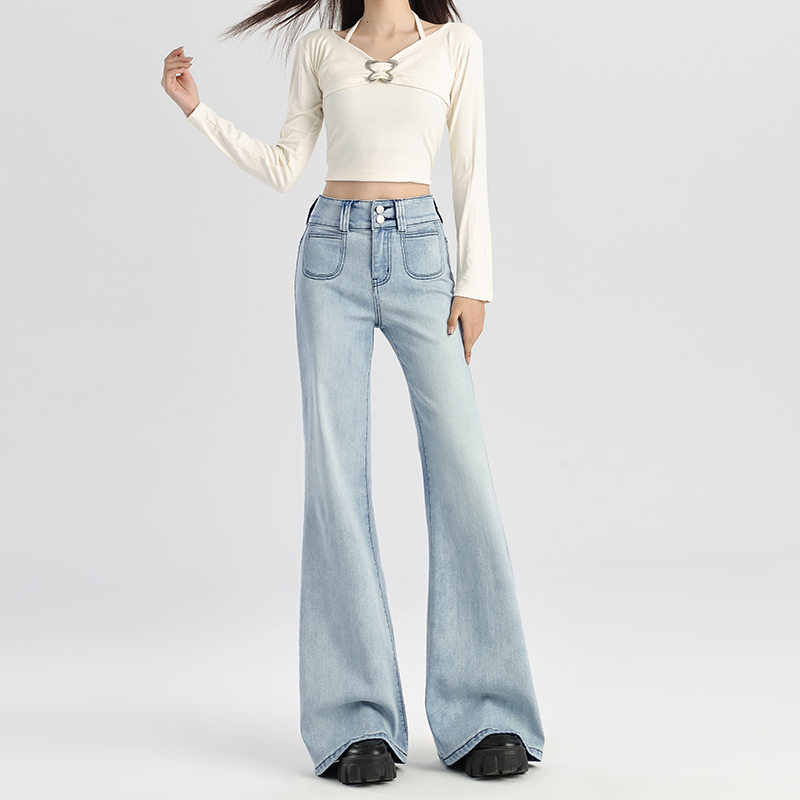 봄 디자인 센스 하이웨이스트 더블 버클 넓은 다리 청바지 여성 느긋한 부츠컷 바지 루즈핏 품격 도루 센스 호스 슈 바지