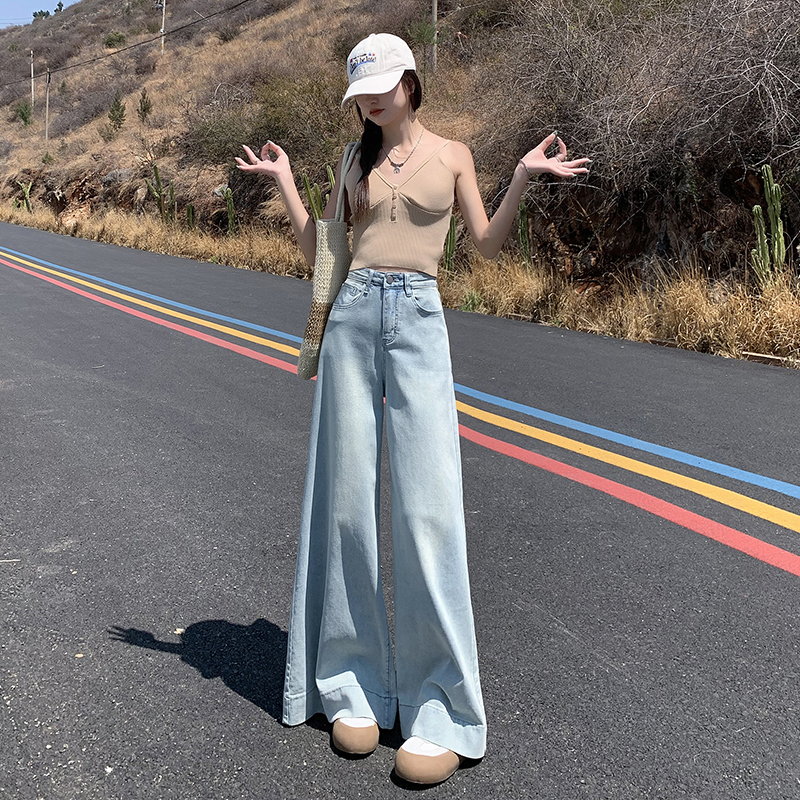 2026 새로운 봄 가을 튀김 거리 핫걸 데님 바지 작은 대중 코끼리 다리 바지 디자인 센스 표지 고기 슬림해 보이는 바닥 청소 넓은 다리