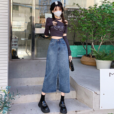 批发2026年春夏复古新款开叉牛仔半身裙女<b class='q'>百搭</b>遮胯显高显瘦高腰a字裙