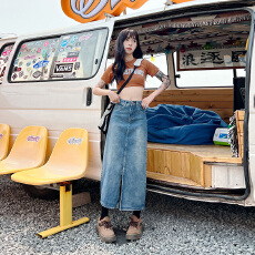 批发高腰辣妹<b class='q'>牛仔</b>春复古百搭设计感半身裙显瘦开叉包臀遮跨a字中<b class='q'>长裙</b>