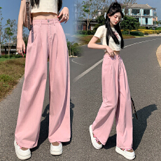 批发2026夏季新款粉色高腰直筒褶皱牛仔<b class='q'>裤</b>女显高显瘦减龄宽松阔腿<b class='q'>裤</b>