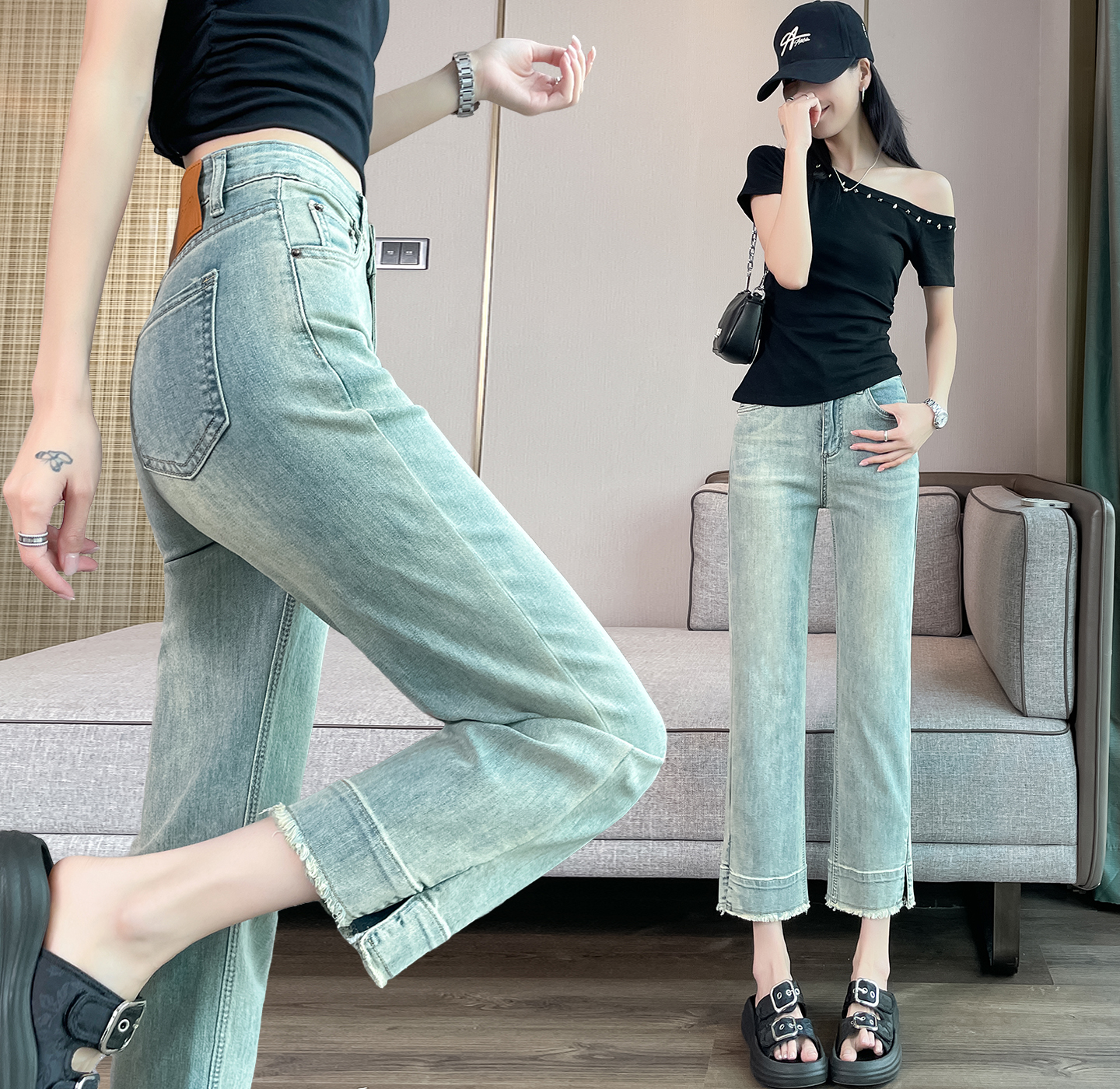 RY3548# 浅色高腰烟管牛仔裤女2026年夏季新款显瘦九分小个子毛边直...