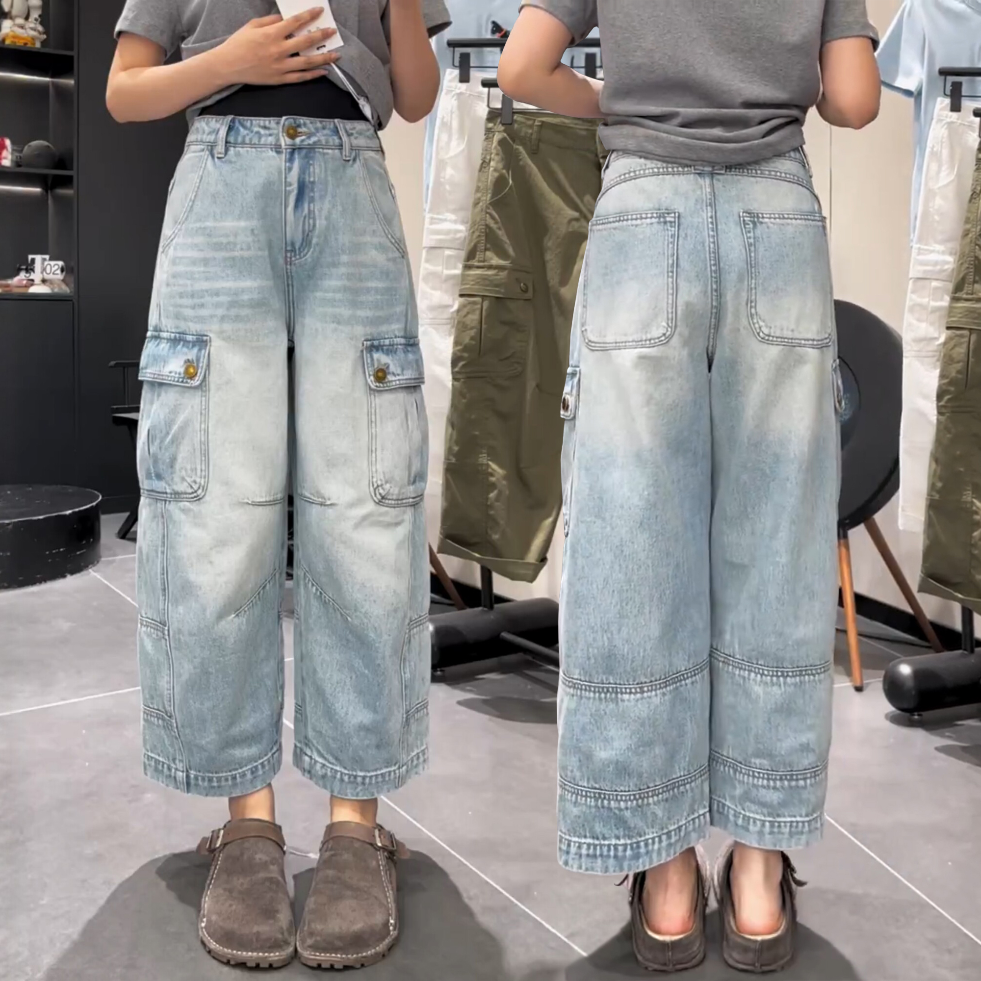 파란색 주머니 작은 키 워크웨어 청바지 여성 2026 여름 새로운 패션 하이웨이스트 루즈핏 넓은 다리 9부 바지