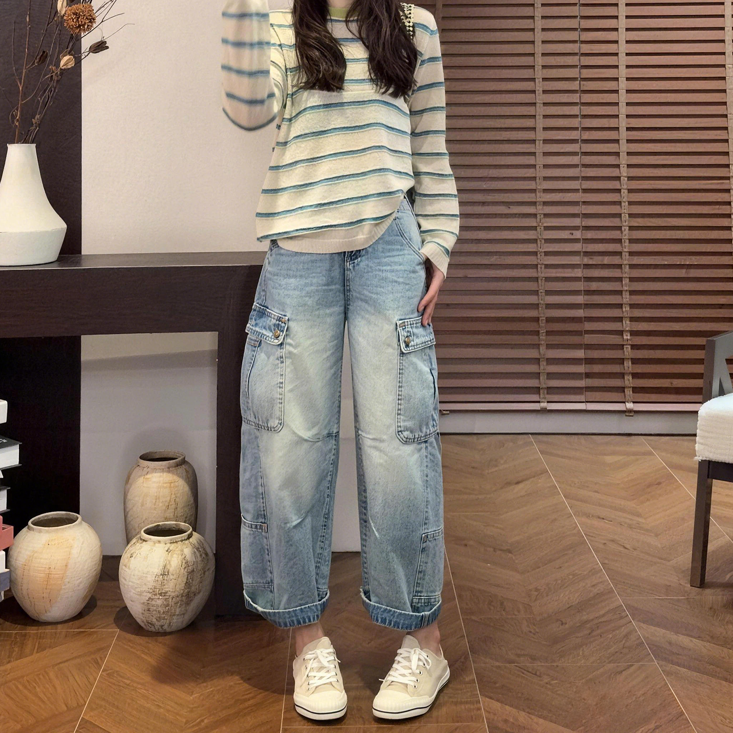 아메리칸 워크웨어 바람 넓은 다리 청바지 2026 년 작은 키 봄 여름 새로운 하이웨이스트 루즈핏 9 포인트 워크웨어 팬츠 여성