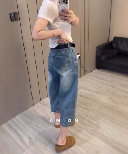 유럽 상품 모통이 칼 넓은 다리 청바지 여성 2026 새로운 봄 여름 작은 키 슬림해 보이는 루즈핏 8 점 스트레이트 바지