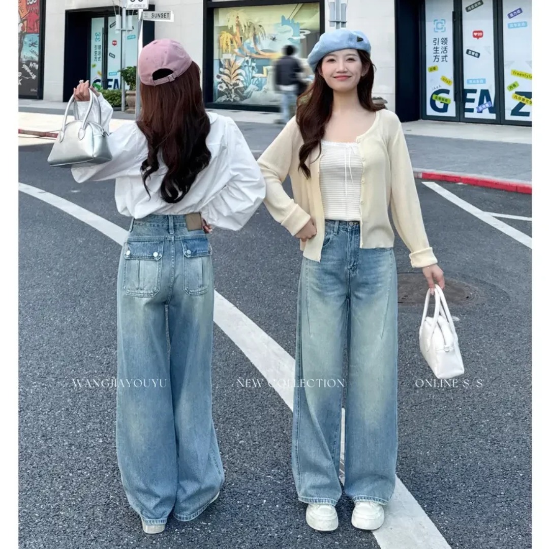 왕가 있음 물고기 다야오 작은 야오 작은 키 레트로 블루 작은 모통이 칼 와이드 레깅스 바지 26 봄 여름 슬림해 보이는 청바지