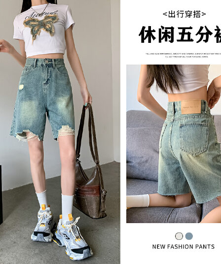 작은 키 여름 레트로 워싱 스트레이트 하이웨이스트 찢어진 부분 데님 반바지 여성 노스탤지어 블루 5 점 넓은 다리 중 반바지