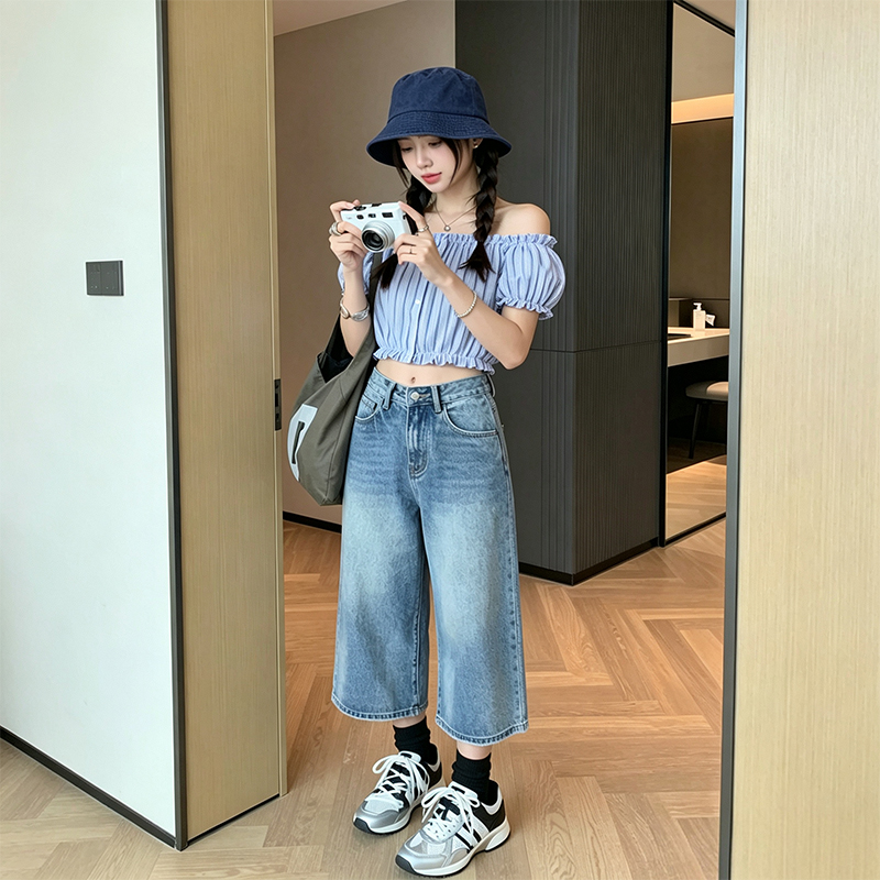 아메리칸 레트로 워싱 균열 넓은 다리 7 점 청바지 여성 bf 느긋한 바람 루즈핏 슬림해 보이는 스트레이트 바지 여름