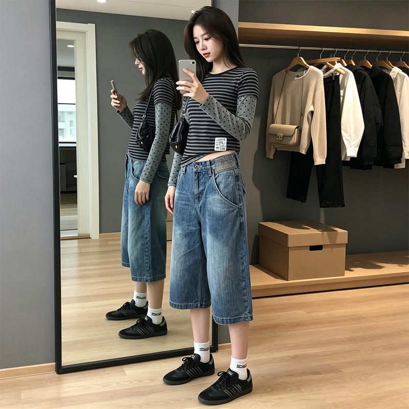 아메리칸 워싱 대나무 마디 곡물 파리 버클 데님 7부 바지 2026 여름 무거운 루즈핏 반바지 디자인 센스 바지