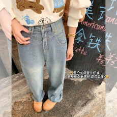 批发曾小咸高腰显高复古阔腿<b class='q'>牛仔裤</b>春夏季蓝色宽松压花直筒梧桐裤潮