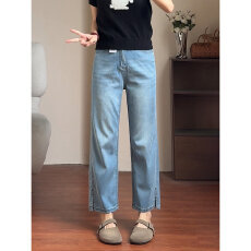 批发天丝凉感弹力直筒牛仔<b class='q'>裤</b>女<b class='q'>夏季</b>薄款大码梨型身材小个子九分烟管<b class='q'>裤</b>