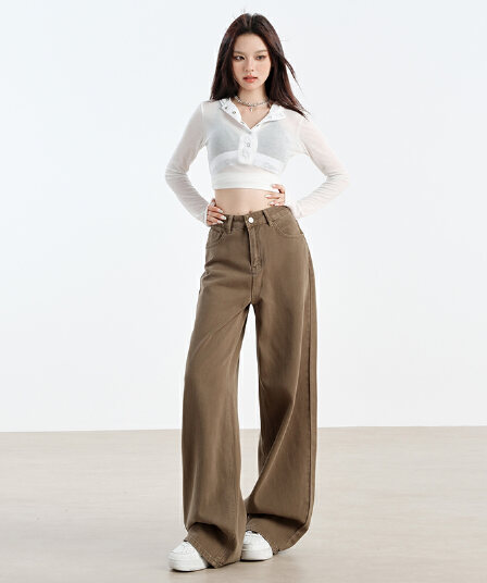 쿠바 모래 스트레이트 청바지 여성 2026 년 가을 새로운 하이웨이스트 슬림해 보이는 루즈핏 넓은 다리 작은 키 바닥 청소 바지