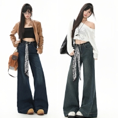 批发A版不贴腿直筒秋冬款<b class='q'>牛仔裤</b>女高腰显瘦宽松梨型身材<b class='q'>弹力</b>喇叭裤子