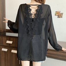 批发实拍大码女装2026夏季新款开叉露背蕾丝拼接绑带<b class='q'>雪纺上衣</b>防晒衫