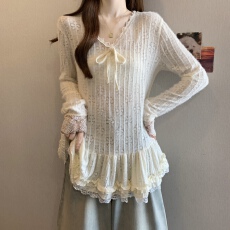 批发实拍大码女装韩系新款软糯蝴蝶结木耳花边蕾丝拼接裙摆内搭上衣