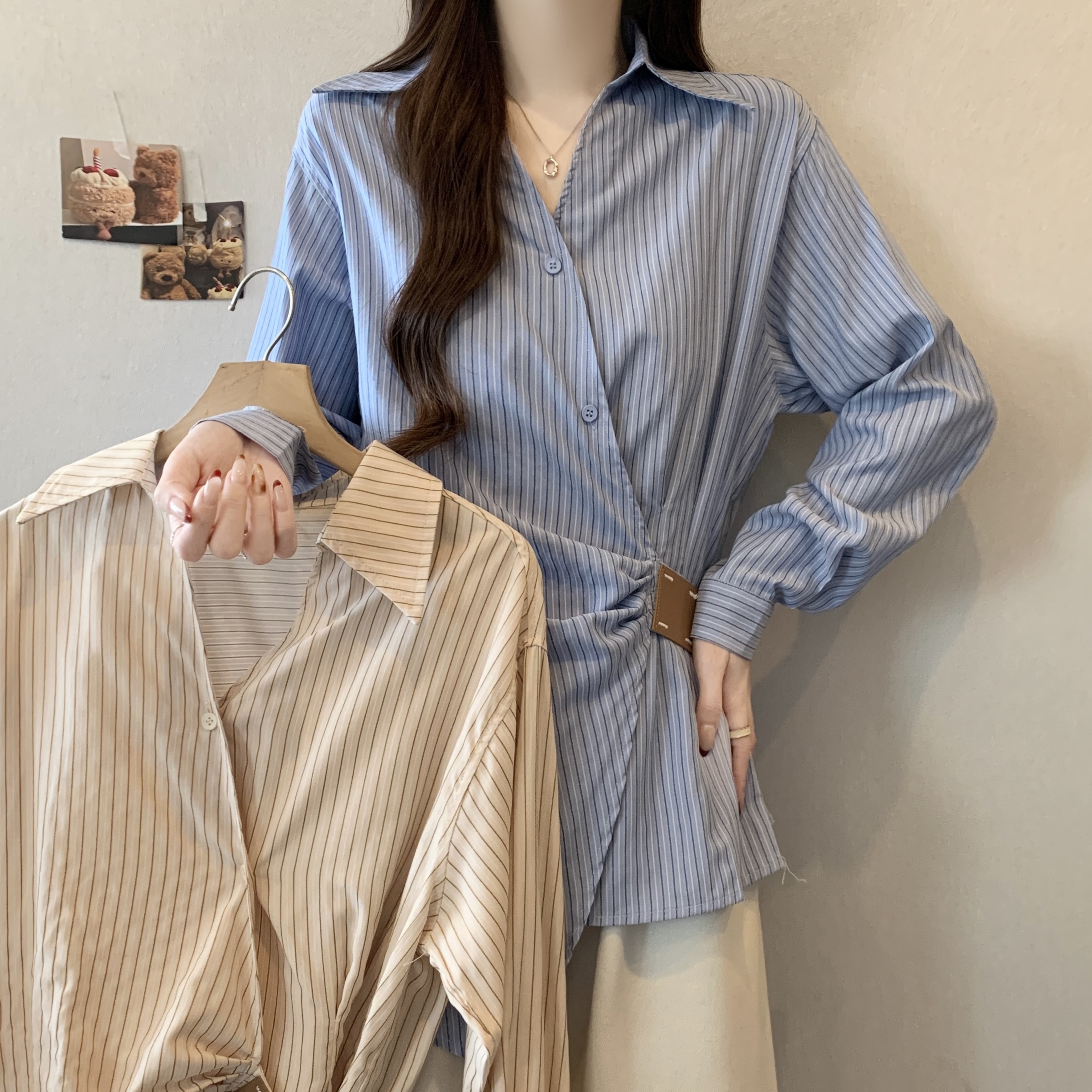 MY16150#大码女装新款不规则绑带收腰条纹衬衫设计感V领长袖上衣女裝貨...