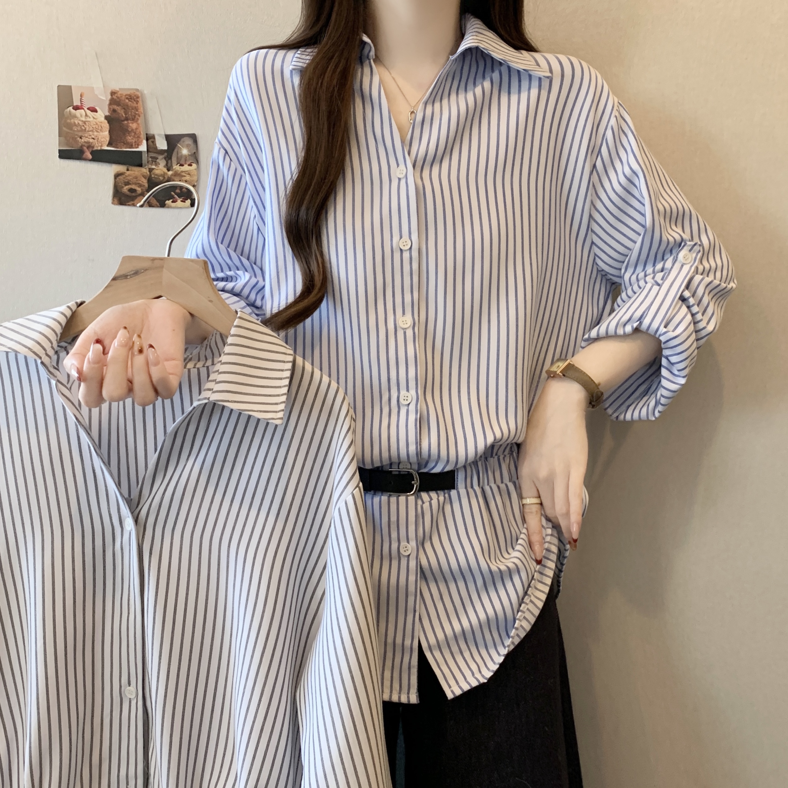 MY16151#大码女装新款韩系复古休闲百搭收腰显瘦条纹V领衬衫上衣女裝貨...