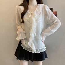 批发实拍大码女装早春新款法式荷叶边喇叭<b class='q'>长袖</b>衬衫V领蕾丝<b class='q'>雪纺上衣</b>