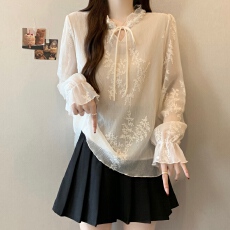 批发实拍大码女装早春新中式蕾丝刺绣重工钉珠系带V领<b class='q'>长袖</b><b class='q'>雪纺衫</b>