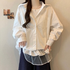 批发实拍大码女装早春新款假两件拼接纱摆衬衫上衣