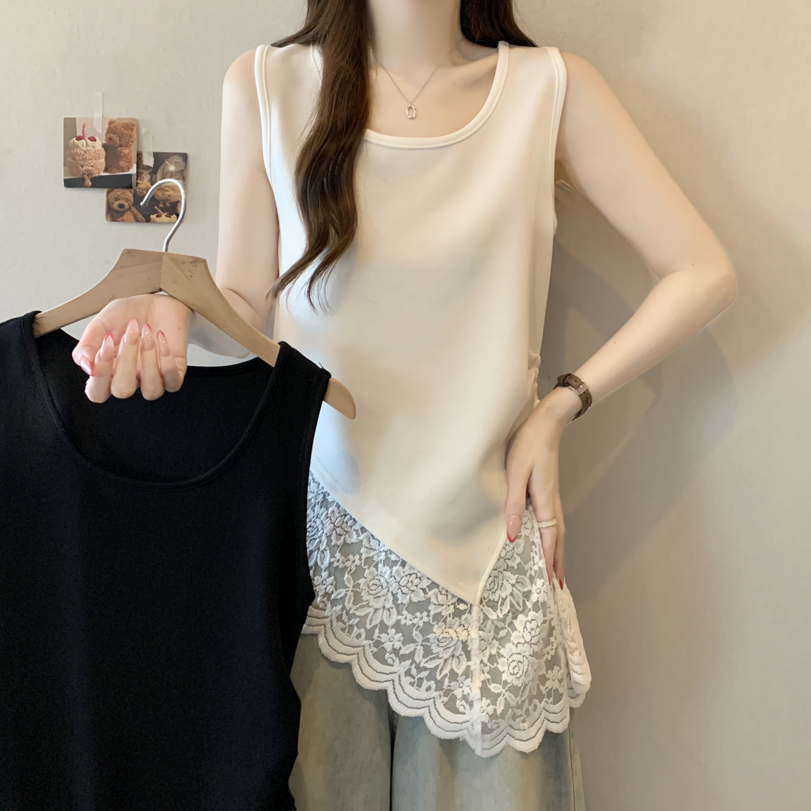 RY5237# 实拍大码女装2026春夏新款无袖蕾丝拼接背心收腰显瘦内搭上衣