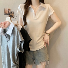 批发实拍大码女装2026夏季新款假两件条纹衬衫领拼接针织T恤上衣